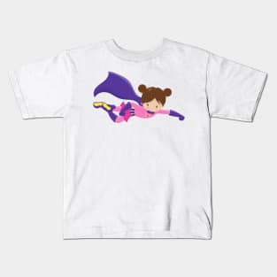 Superhero Girl, Brown Hair, Purple Cape, Cute Girl Kids T-Shirt